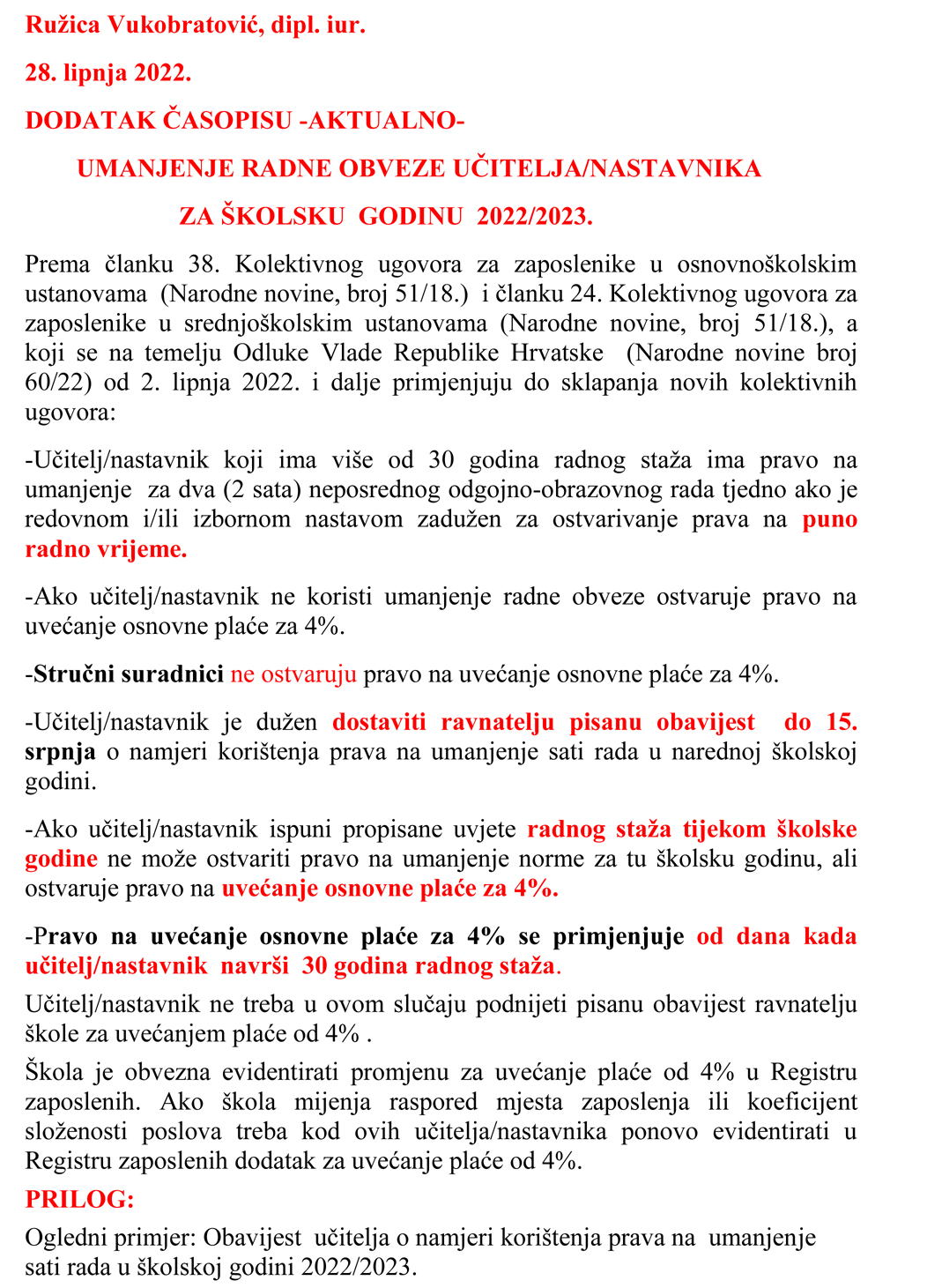 Umanjenje radne obveze učitelja nastavnika za iduću školsku godinu 22/23
